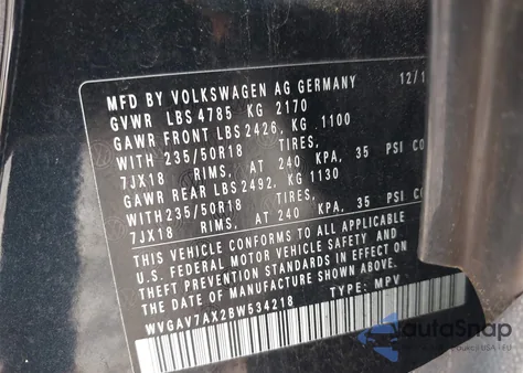 2011 Volkswagen Tiguan Se из США, поврежденный, VIN WVGAV7AX2BW534218